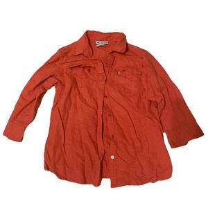 Columbia Womens Orange Salmon 3/4 Sleeve  Button Shirt Sz L Line and Cotton